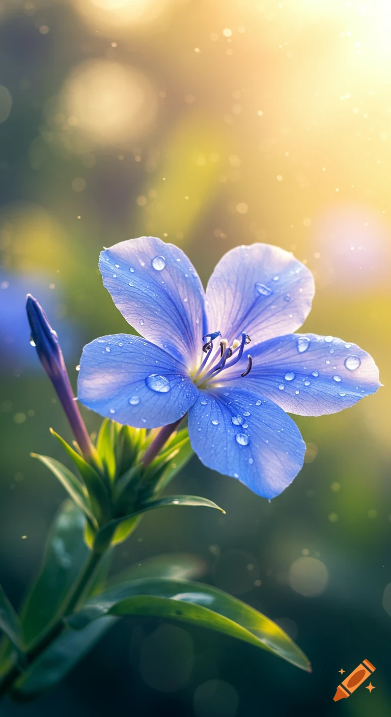 A vibrant blue flower covered in glistening water droplets, set against a soft, sunlit green and golden bokeh background.