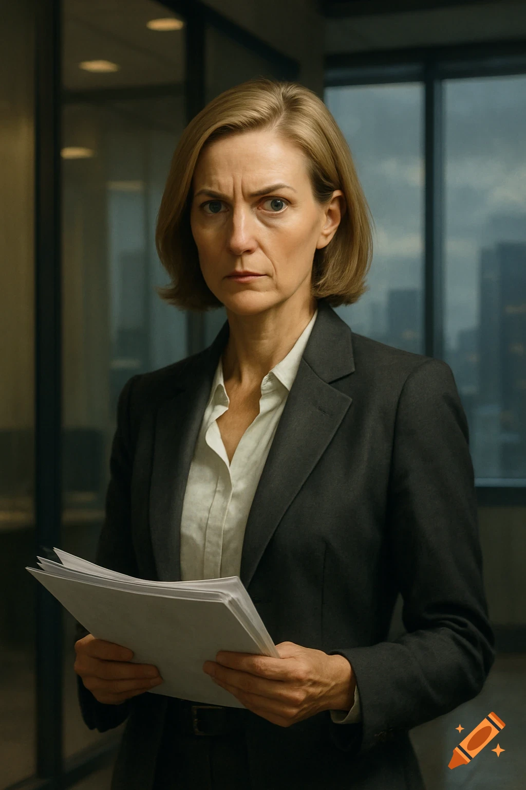 Photorealistic portrait of a stern-looking white woman in her 40s wearing a suit, holding documents in an office.
