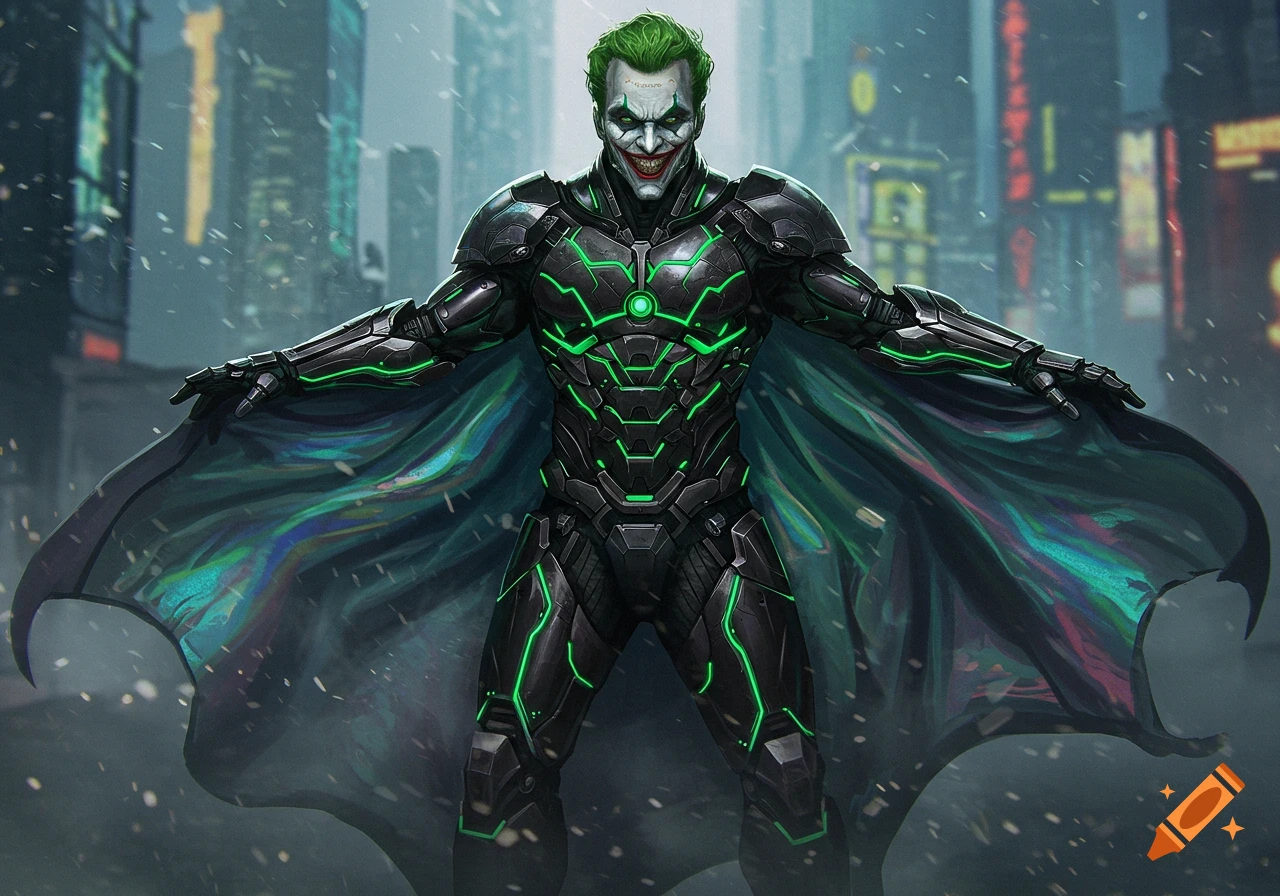 The Joker in a black robotic suit with glowing green accents and a flowing cape, standing in a futuristic, snowy city at night. Digital art.
