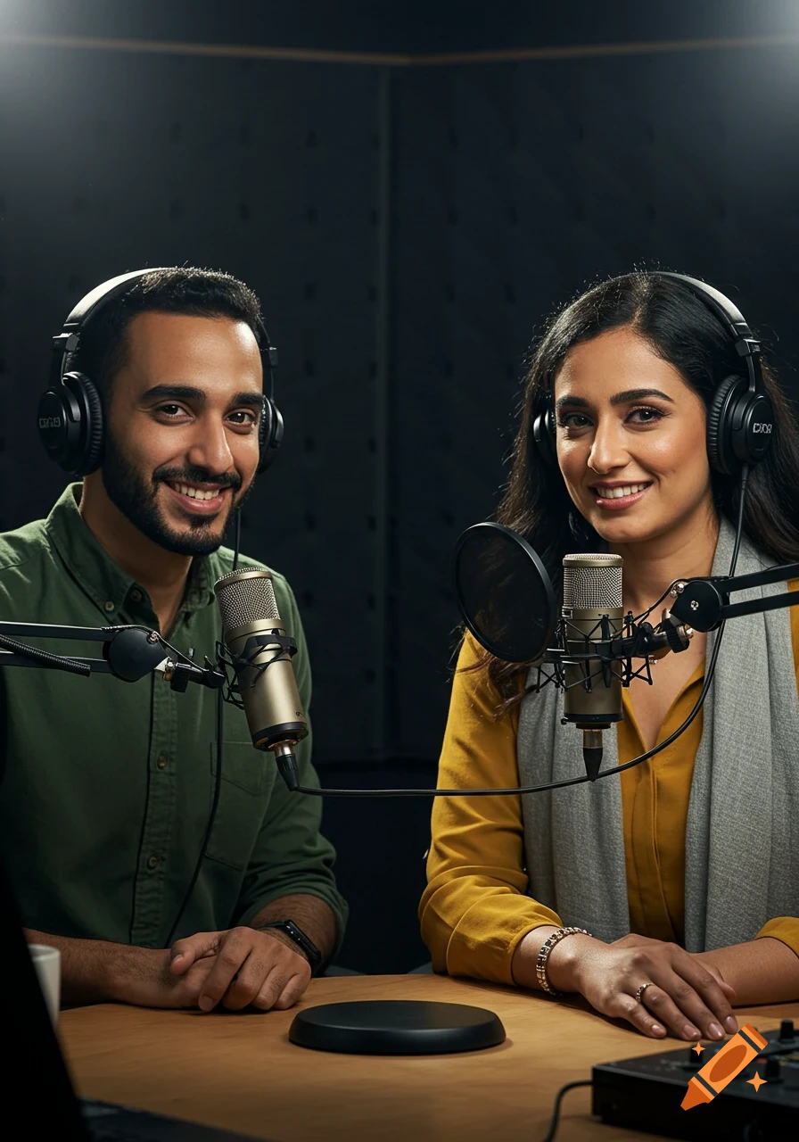 Two smiling Middle Eastern podcast hosts, a man and a woman, wearing headphones and sitting at microphones in a professional studio.