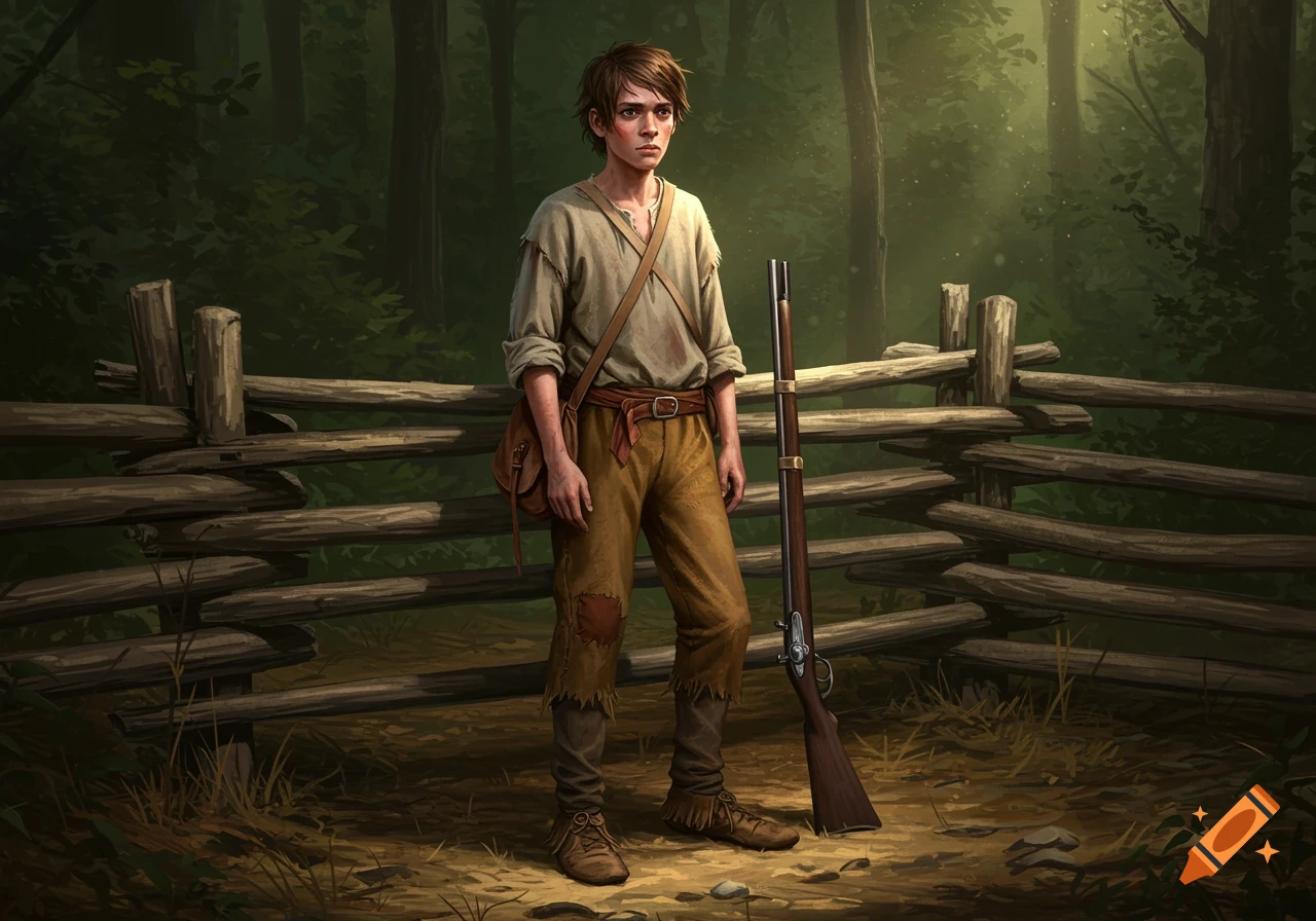 A serious 13-year-old frontier boy with shaggy hair and a faint scar stands in a forest, dressed in patched, rough clothes with a hunting bag, beside a long rifle and a wooden fence.