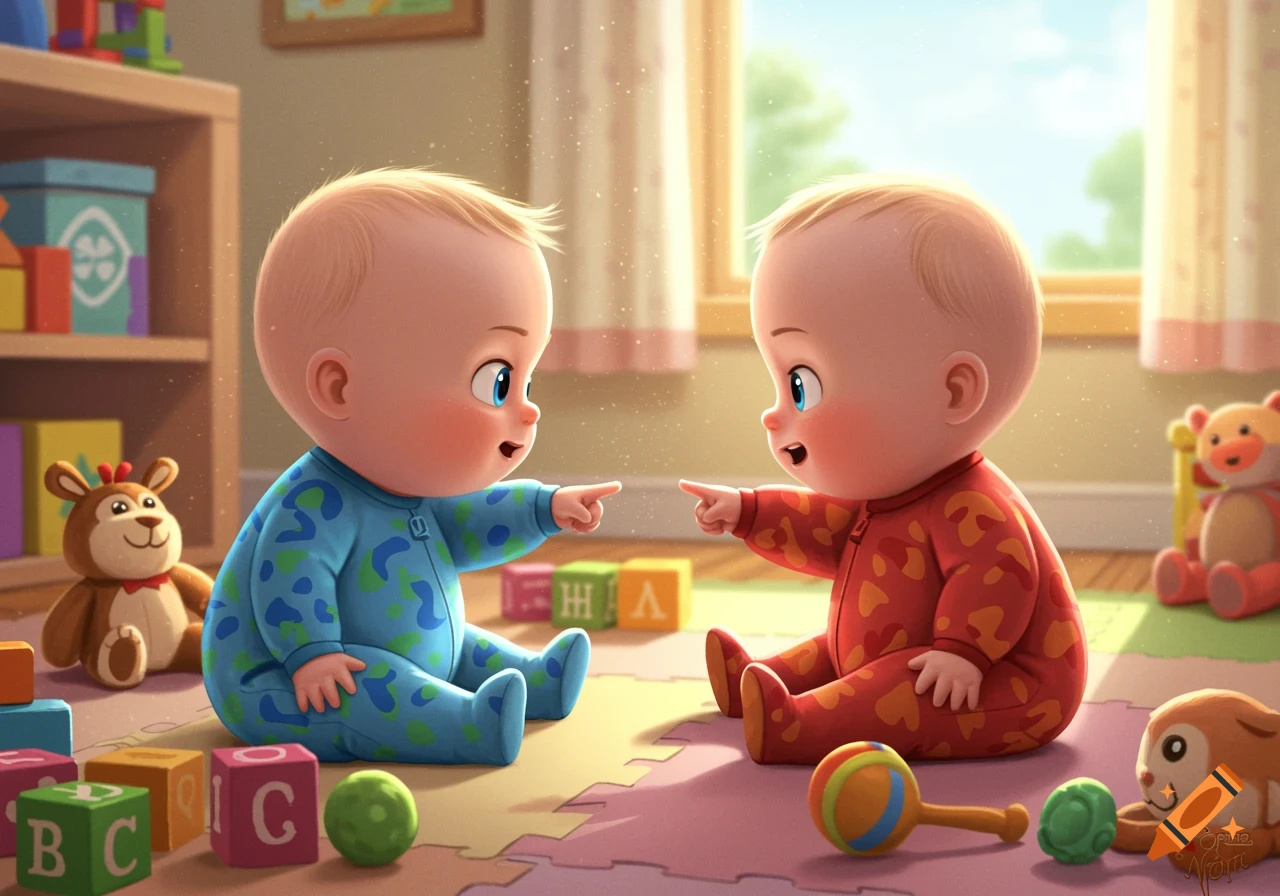Two cute cartoon babies, one in blue and one in red, sit on a playmat, pointing at each other in a sunlit playroom filled with toys and blocks.
