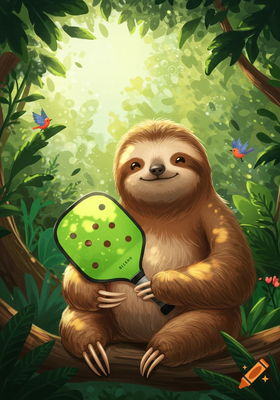 A cute cartoon sloth smiles while holding a green pickleball paddle in a lush jungle with bright green foliage.
