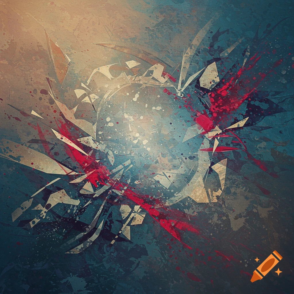 Abstract art with a central burst of light, shattered geometric shapes, and red paint splatters on a textured blue and brown background.
