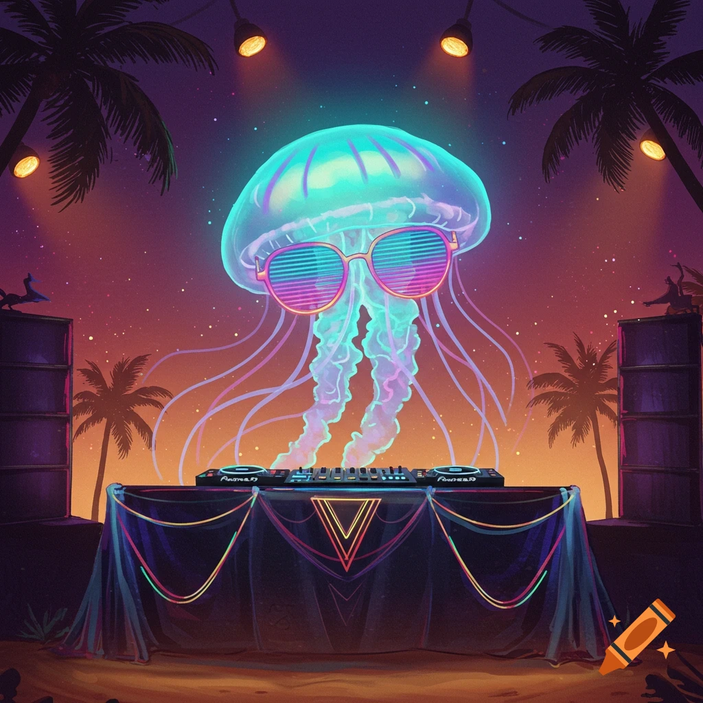 A large, glowing neon jellyfish wearing retro sunglasses DJs on a tropical beach at sunset, surrounded by palm trees and vibrant lights.