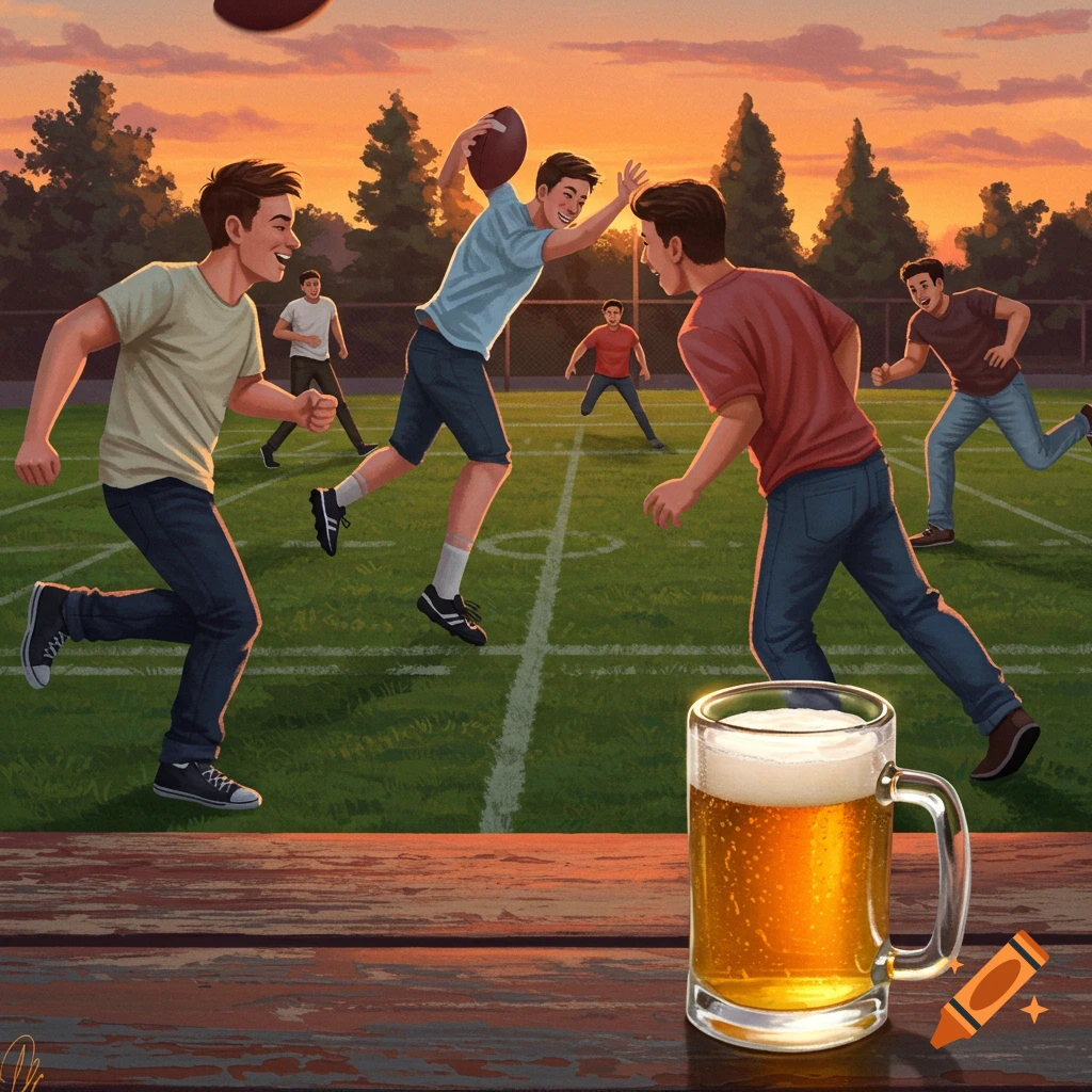 Illustrative scene of young men playing football at sunset, with a mug of beer on a wooden table in the foreground.