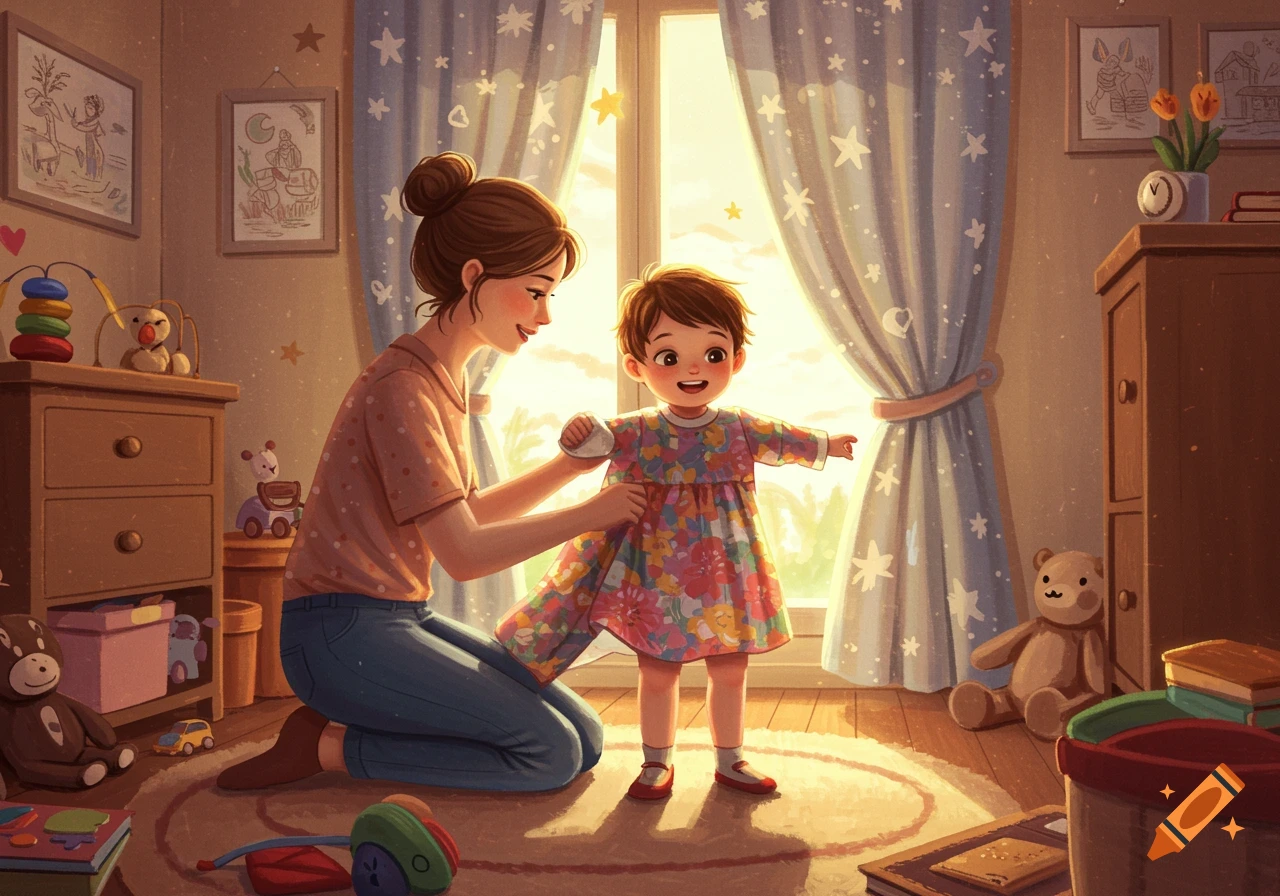 A mother kneels to dress her young child in a floral dress in a sunny, star-themed bedroom, depicted in an illustration style.