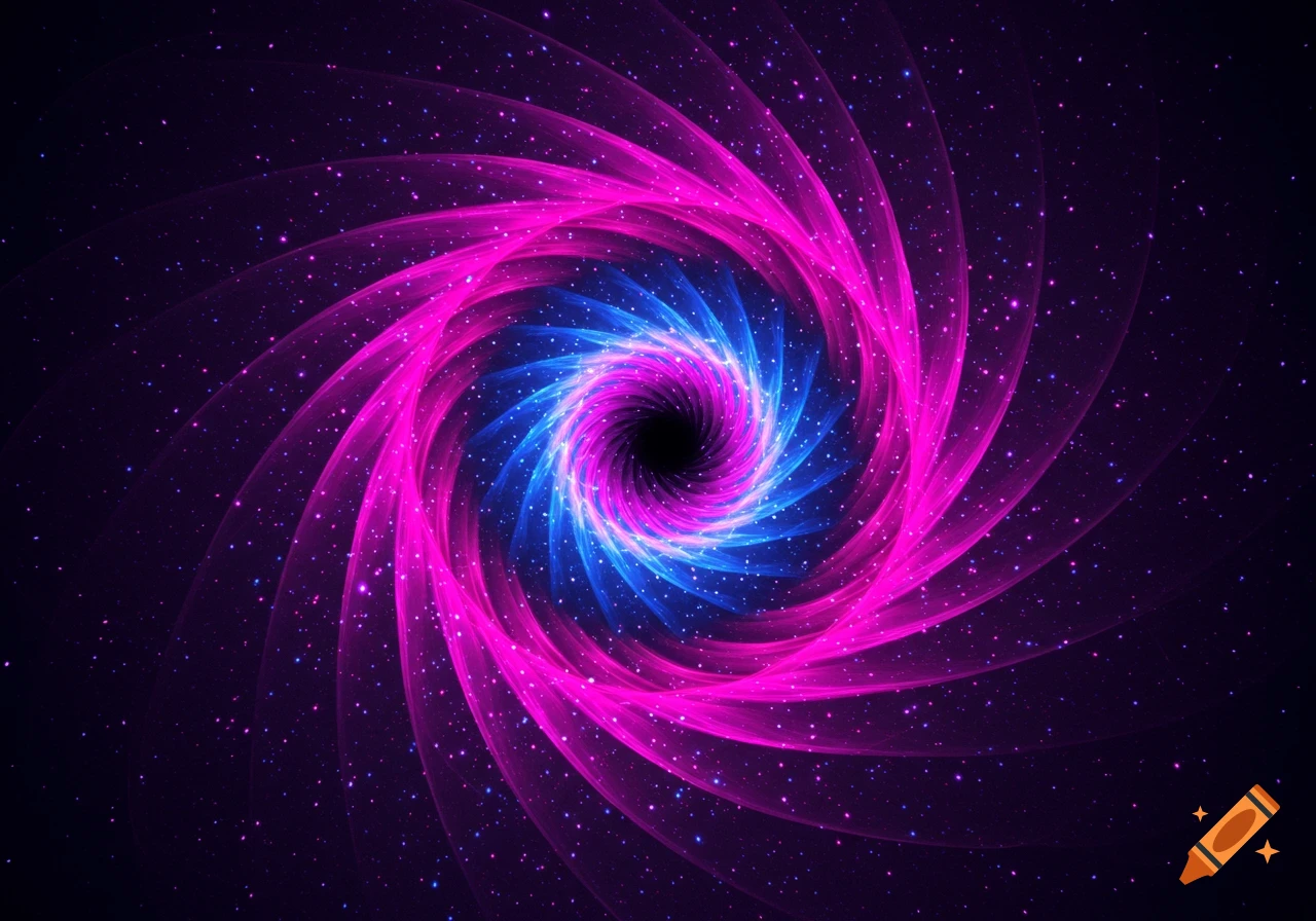 A vibrant pink and blue spiral nebula with a black hole center, surrounded by sparkling stars.