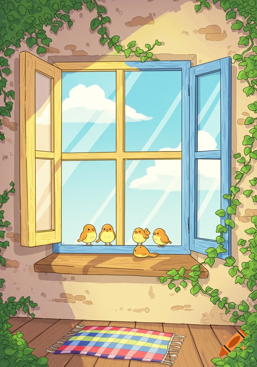 A cheerful cartoon of an open window with birds on the sill, green vines, and a colorful checkered mat on a wooden floor.