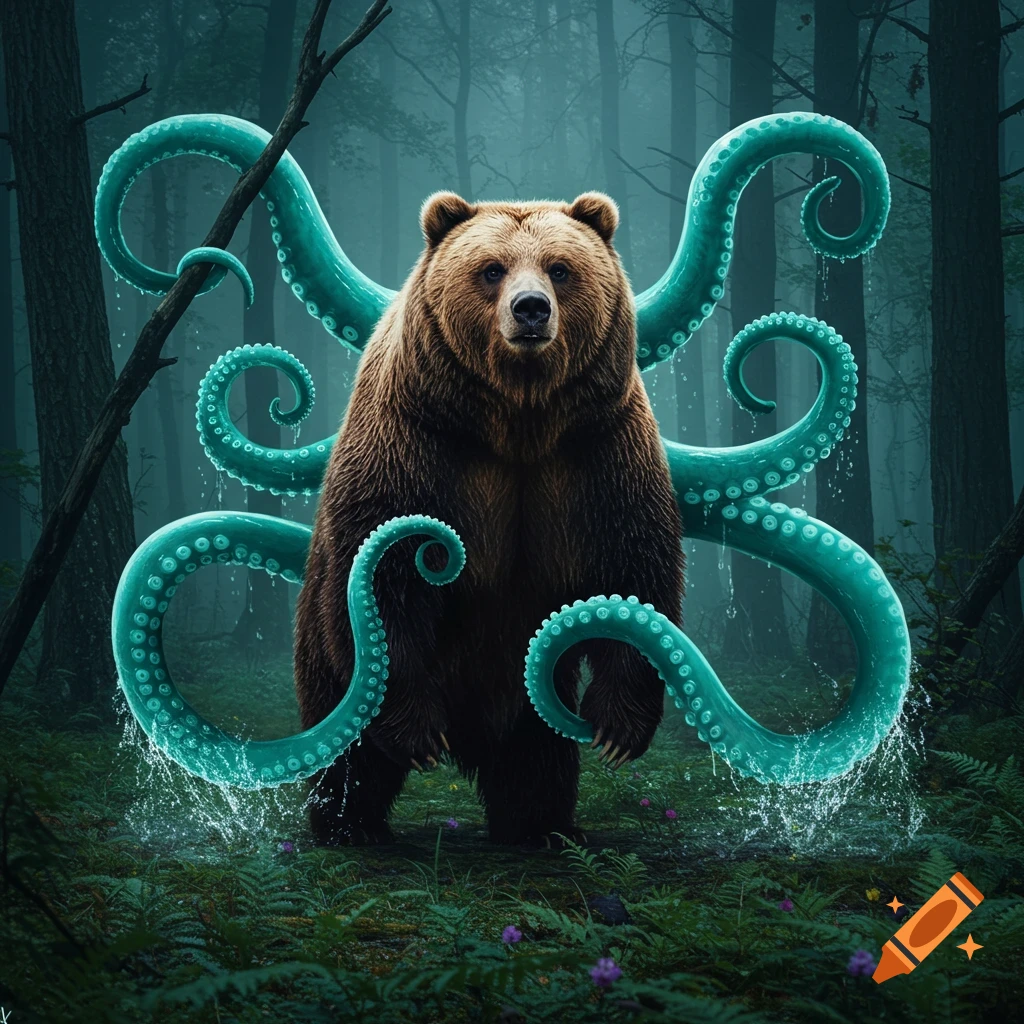 Photorealistic grizzly bear with glowing teal octopus tentacles emerging from its body, standing in a misty, dark forest with splashing water.