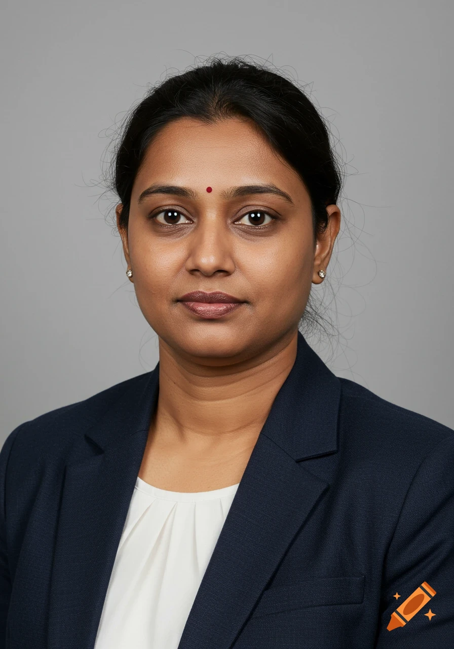 Photorealistic portrait of a woman of Indian descent in a navy blazer, white top, and red bindi.