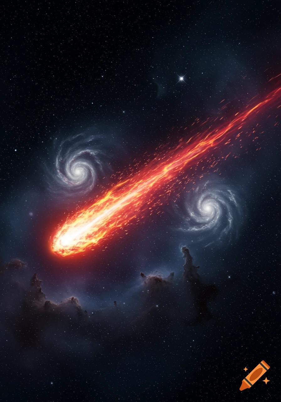 A bright, fiery comet streaks across dark space, flanked by two spiral galaxies and nebulae.