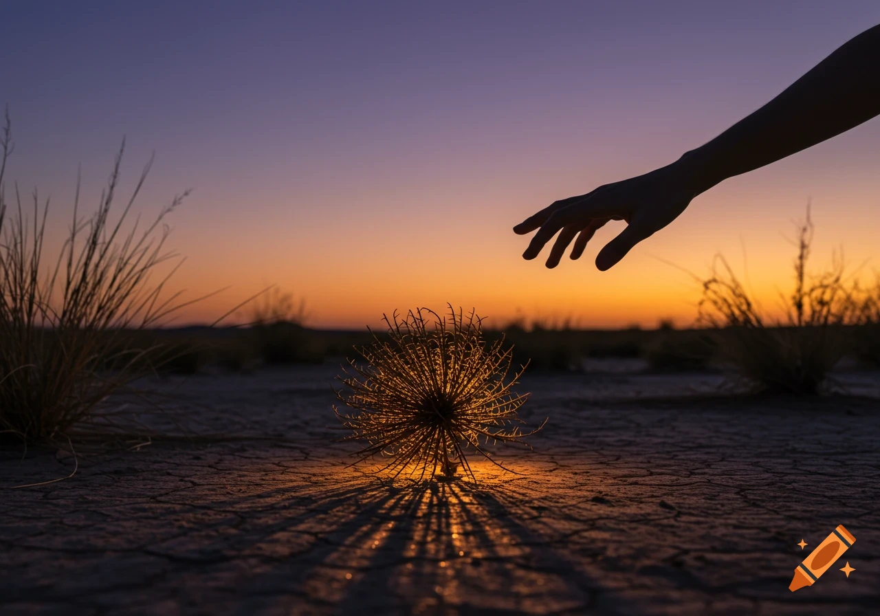 A silhouetted hand reaches towards a glowing thorny tumbleweed on cracked desert ground at sunset.
