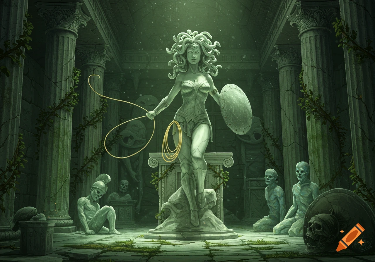 A statue of Wonder Woman with snake hair holds a lasso and shield in an ancient, moss-covered ruin filled with petrified figures.