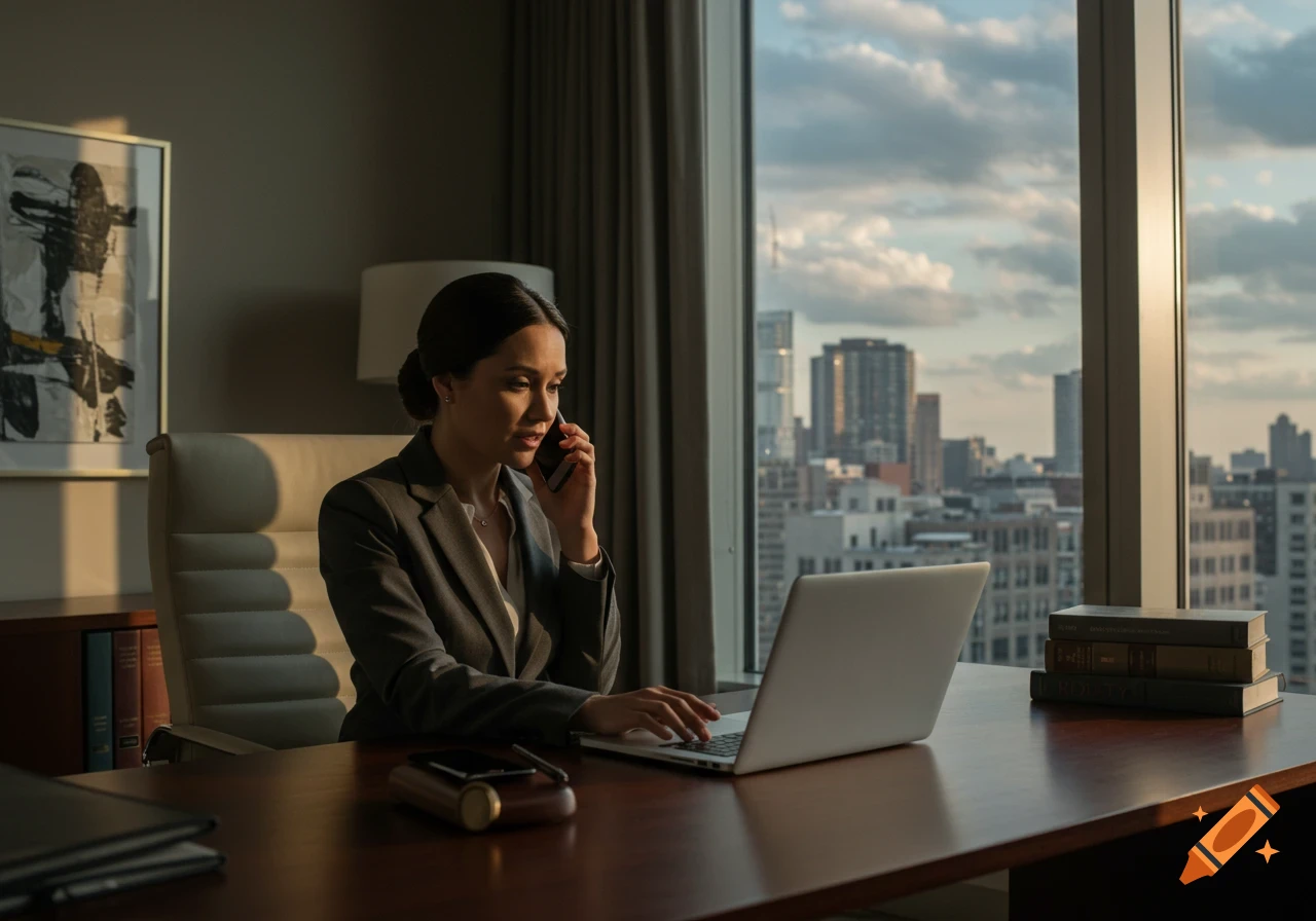 Professional woman on a phone call and laptop in a corner office with a city skyline view.