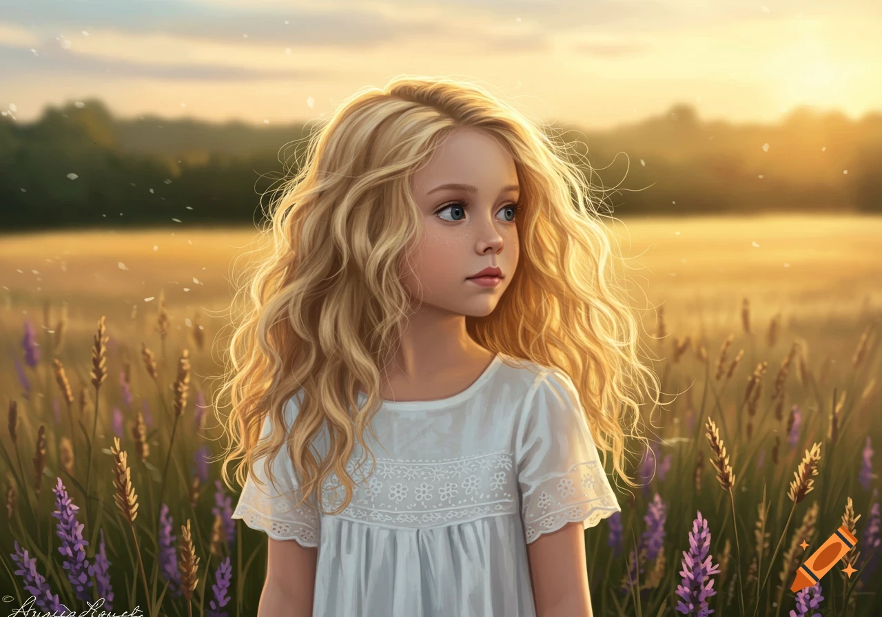 A blonde girl with curly hair in a white dress stands in a sunlit field of wheat and purple flowers, looking away.