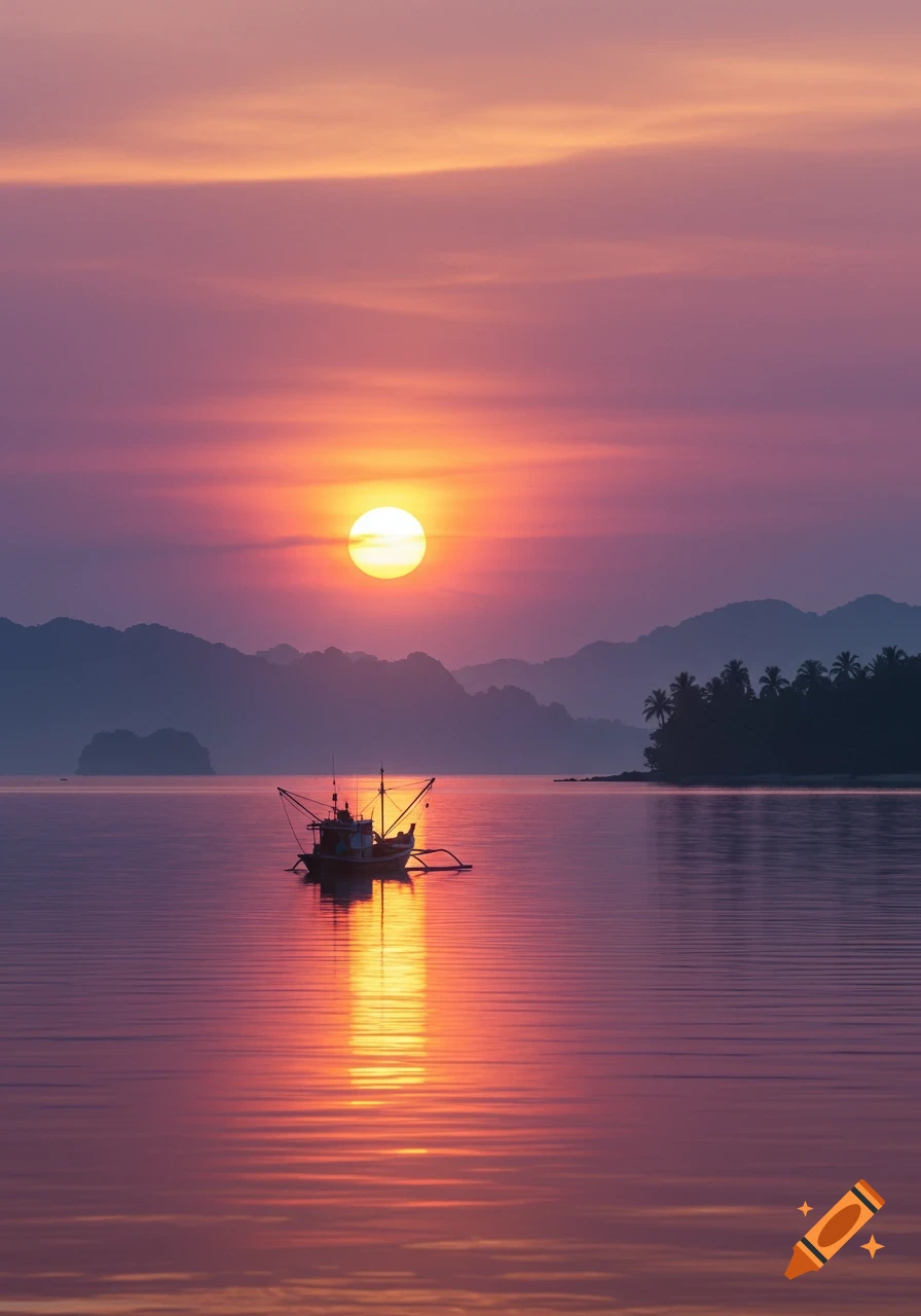 Photorealistic sunrise over calm water with a small boat, distant mountains, and palm trees, reflecting vibrant pink and orange hues.