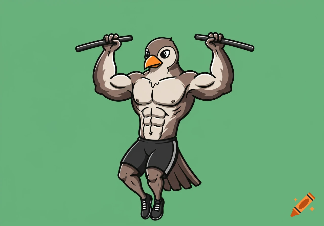 A muscular cartoon bird with a human-like torso doing pull-ups against a plain green background, in a vector art style.