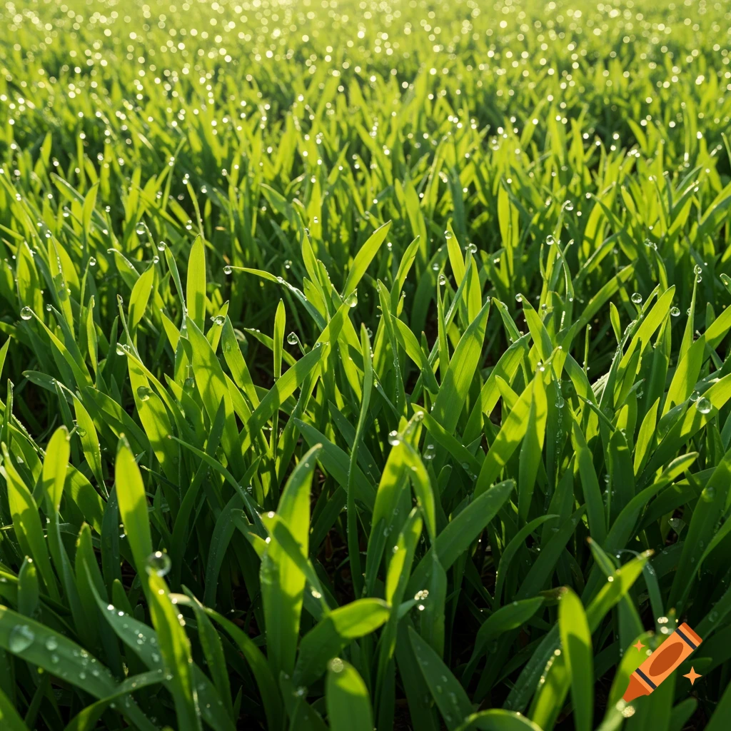 Close-up of bright green grass blades covered in morning dew drops, sparkling in the sunlight.
