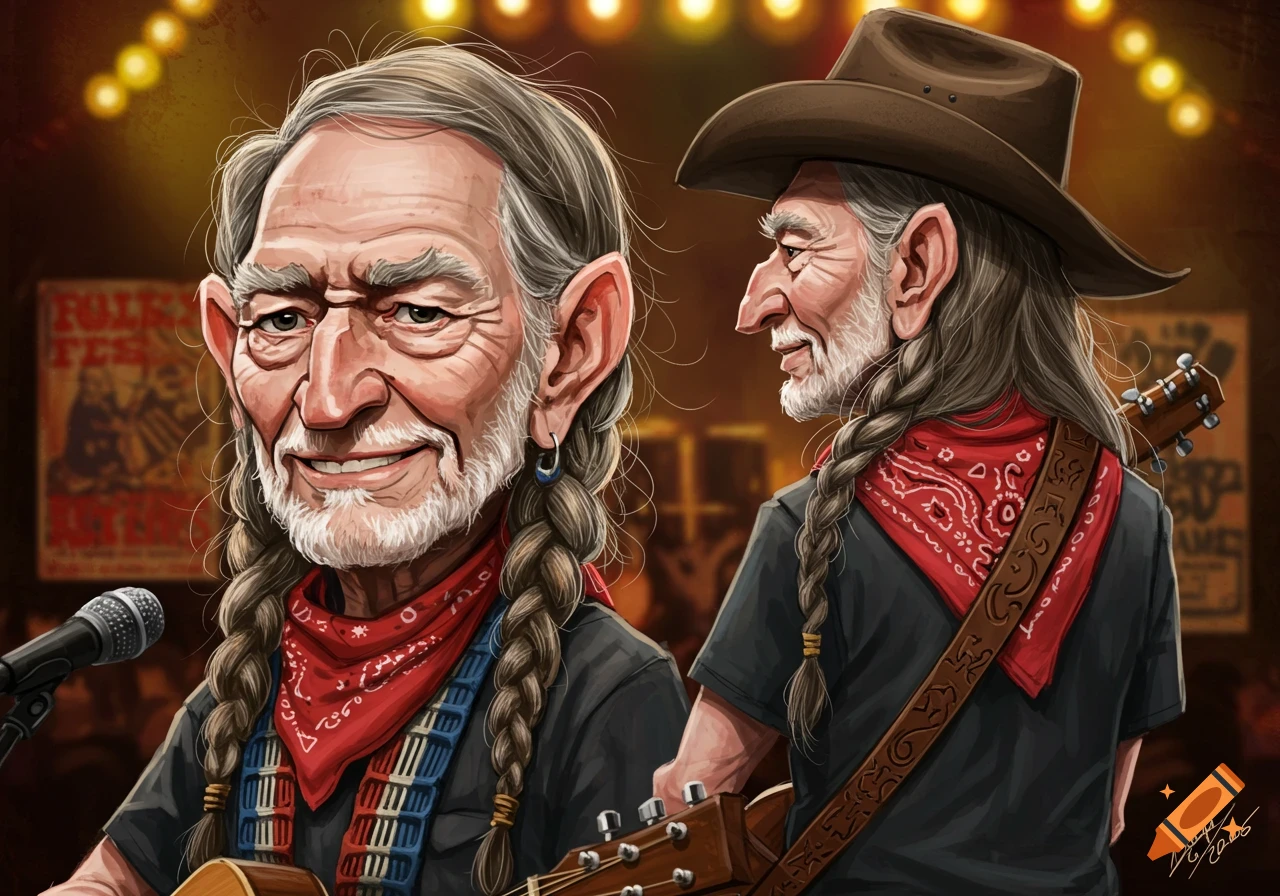Caricature of country music legend Willie Nelson with long braids, a red bandana, and a guitar, against a warm lit stage.