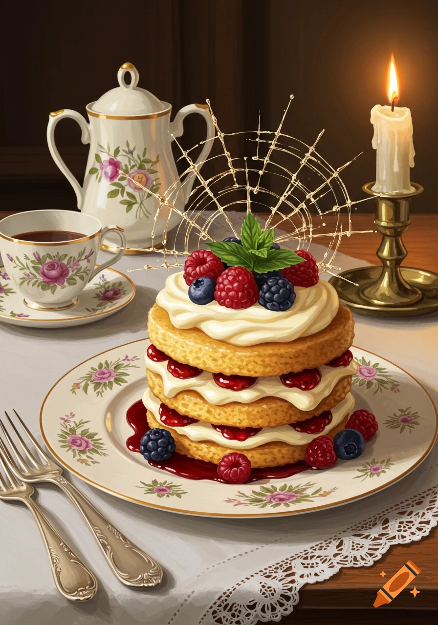 A stack of berry and cream shortcakes on a floral plate with a tea set and lit candle in a dark, painterly setting.