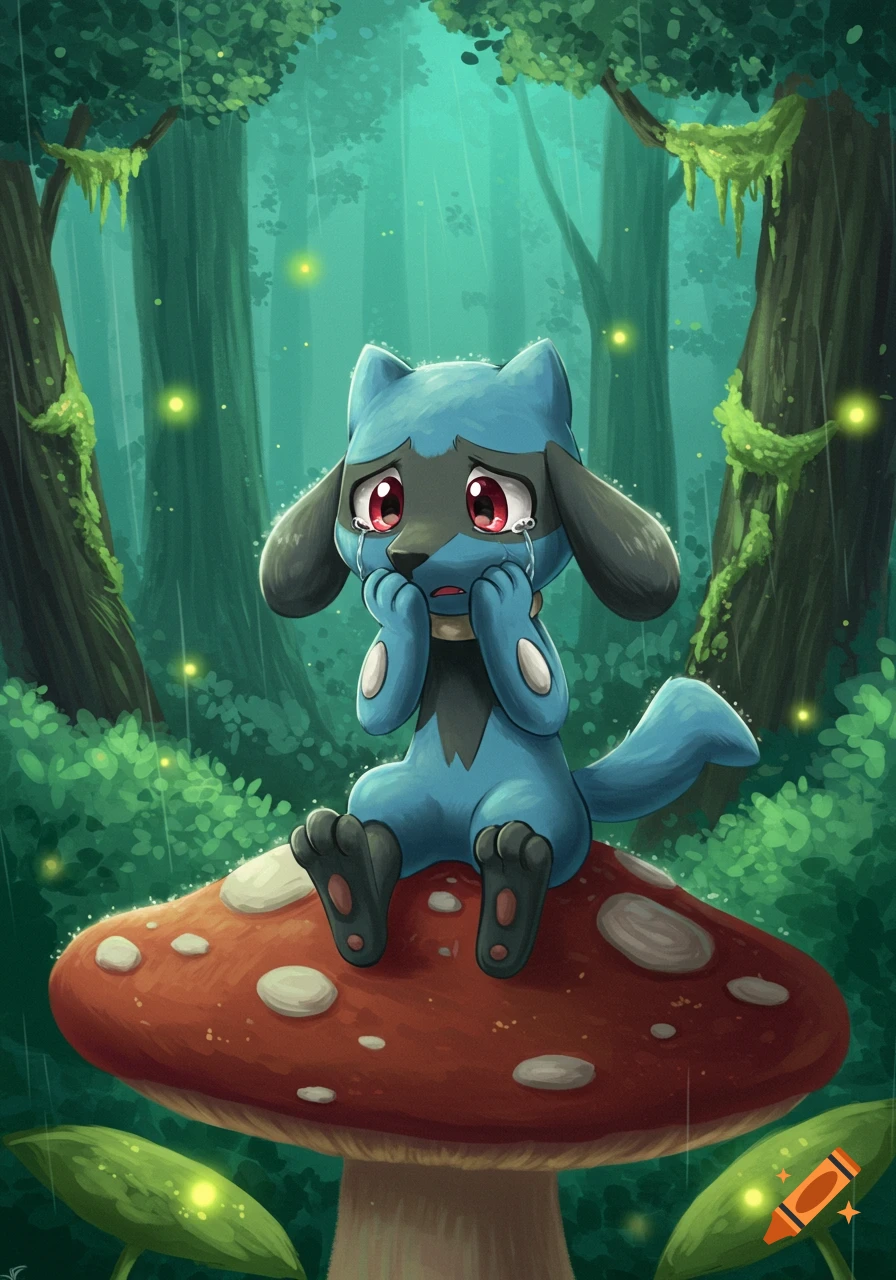 A sad, blue Riolu Pok emon sits crying on a red mushroom in a rainy, glowing forest, depicted in an anime art style.