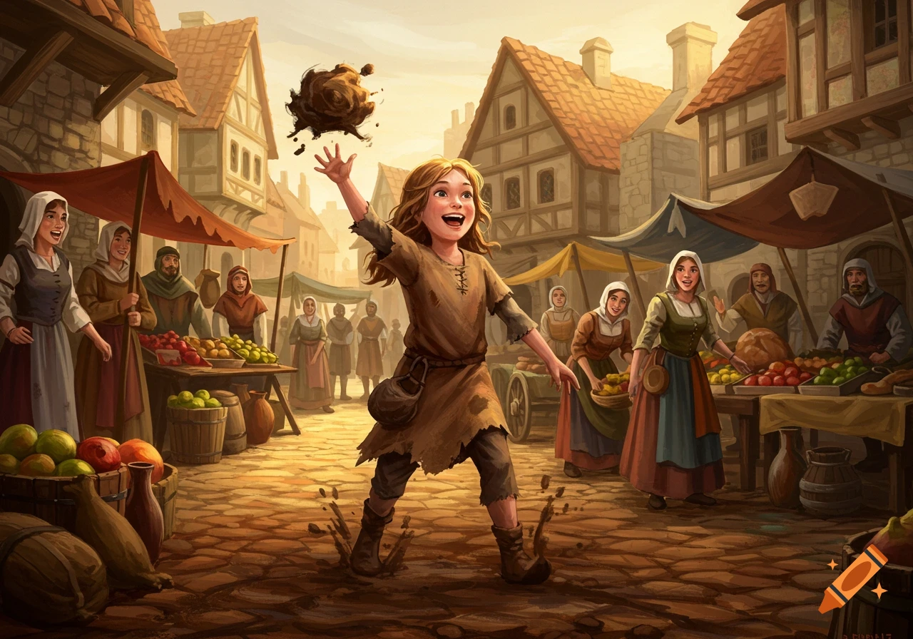 A joyful young girl throws mud in a bustling medieval market, surrounded by vendors, digital painting.