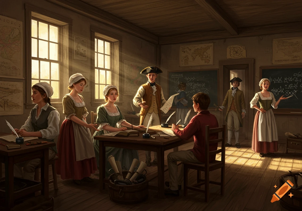 A group of teens in 18th-century attire learn and write in a sunlit classroom with blackboards.