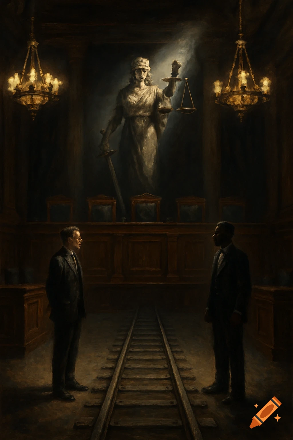 Dark, painterly illustration of two men in suits facing each other across train tracks in a somber courtroom under a spotlighted statue of Lady Justice.
