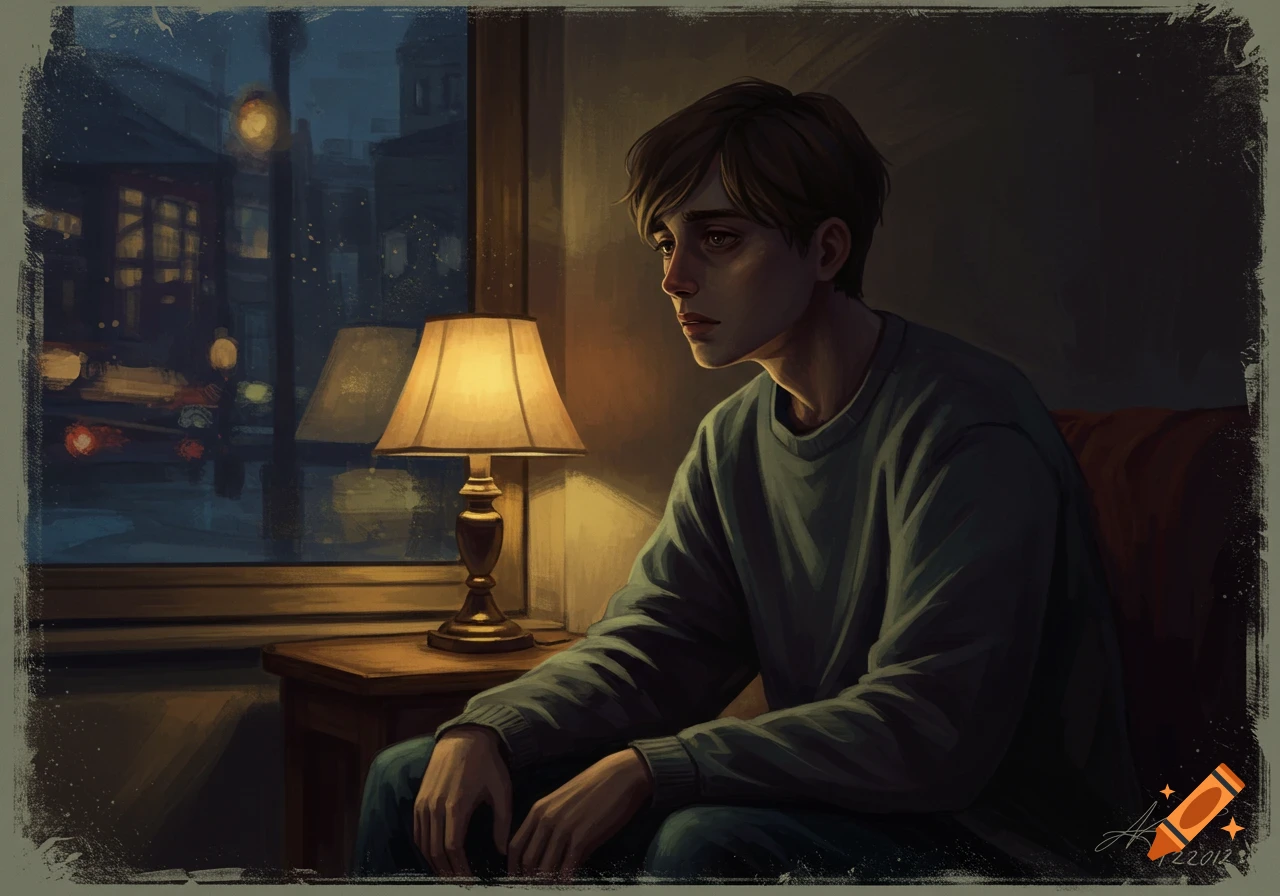 A semi-realistic painting of a pensive young man in a dim room with a glowing lamp, looking out at a city at dusk.