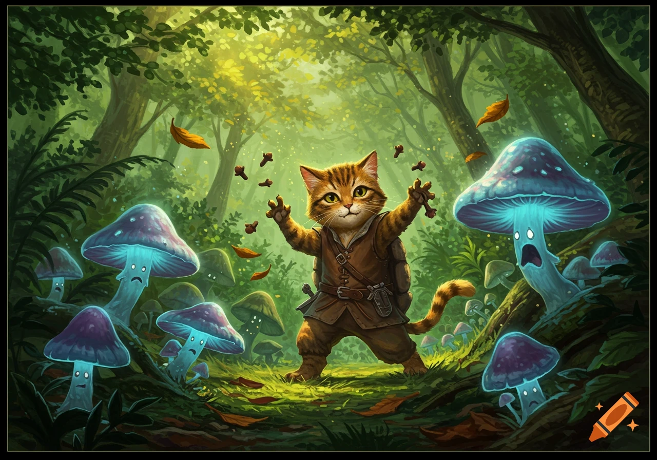 Cute tortishell cat-humanoid flings cloves at startled sentient mushrooms in a mystical forest, fantasy art.