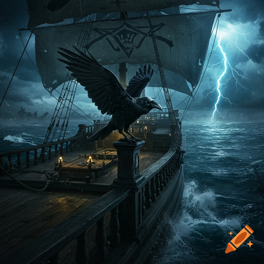 A dark pirate ship with a large raven statue on its bow, sailing through a stormy sea with lightning. Photorealistic style.