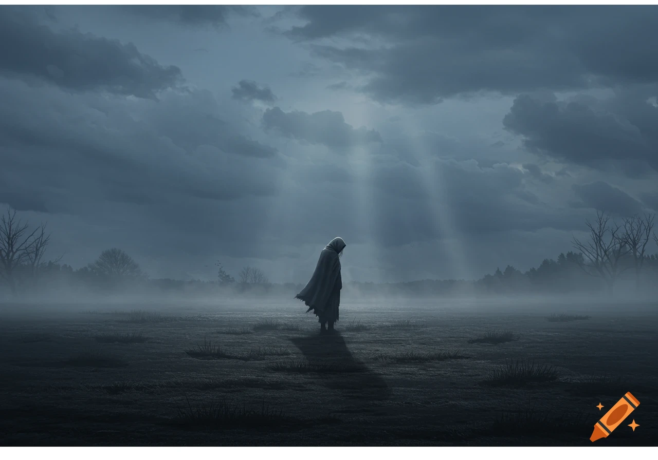 A cloaked figure stands alone in a misty, dark field under a cloudy, dramatic sky with light rays breaking through.
