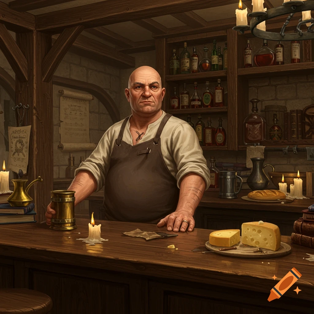 A rough-looking, bald, portly male barkeep in an apron stands behind a candlelit tavern bar with cheese and drinks.