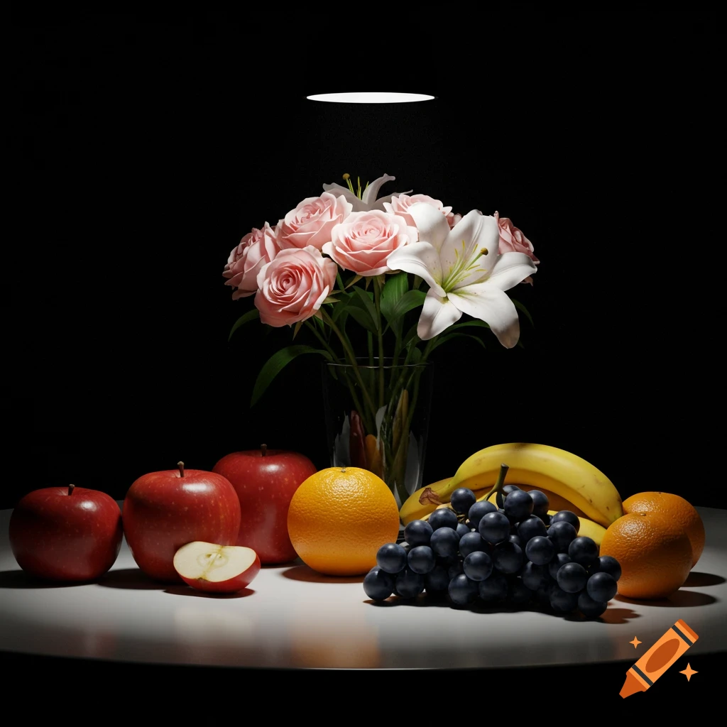 Photorealistic still life of roses, lilies, apples, oranges, bananas, and grapes on a table, dramatically lit from above on a black background.