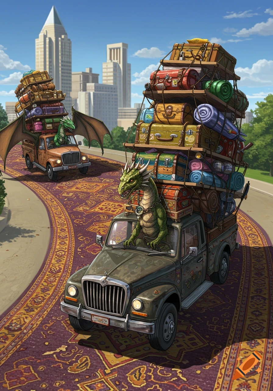 Two green dragons drive overloaded pickup trucks down a city road made of an ornate red and gold patterned carpet.