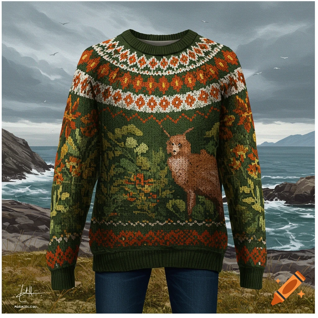 A dark green fair isle style sweater with a deer and nature pattern, worn over blue jeans on a rocky coastline with ocean waves.
