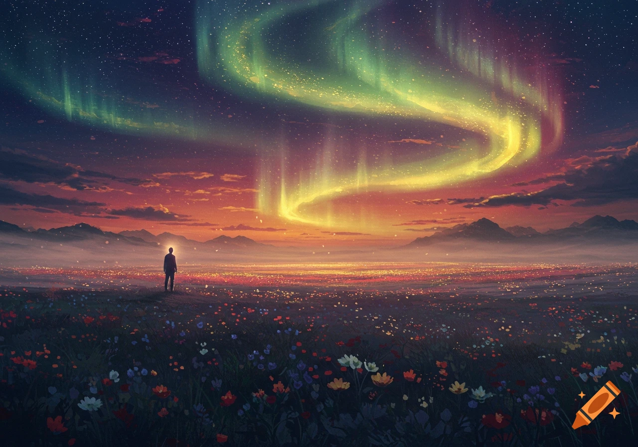 A lone person stands in a flower field, looking at a vibrant green and yellow aurora borealis over a sunset-lit landscape and mountains, digital art.