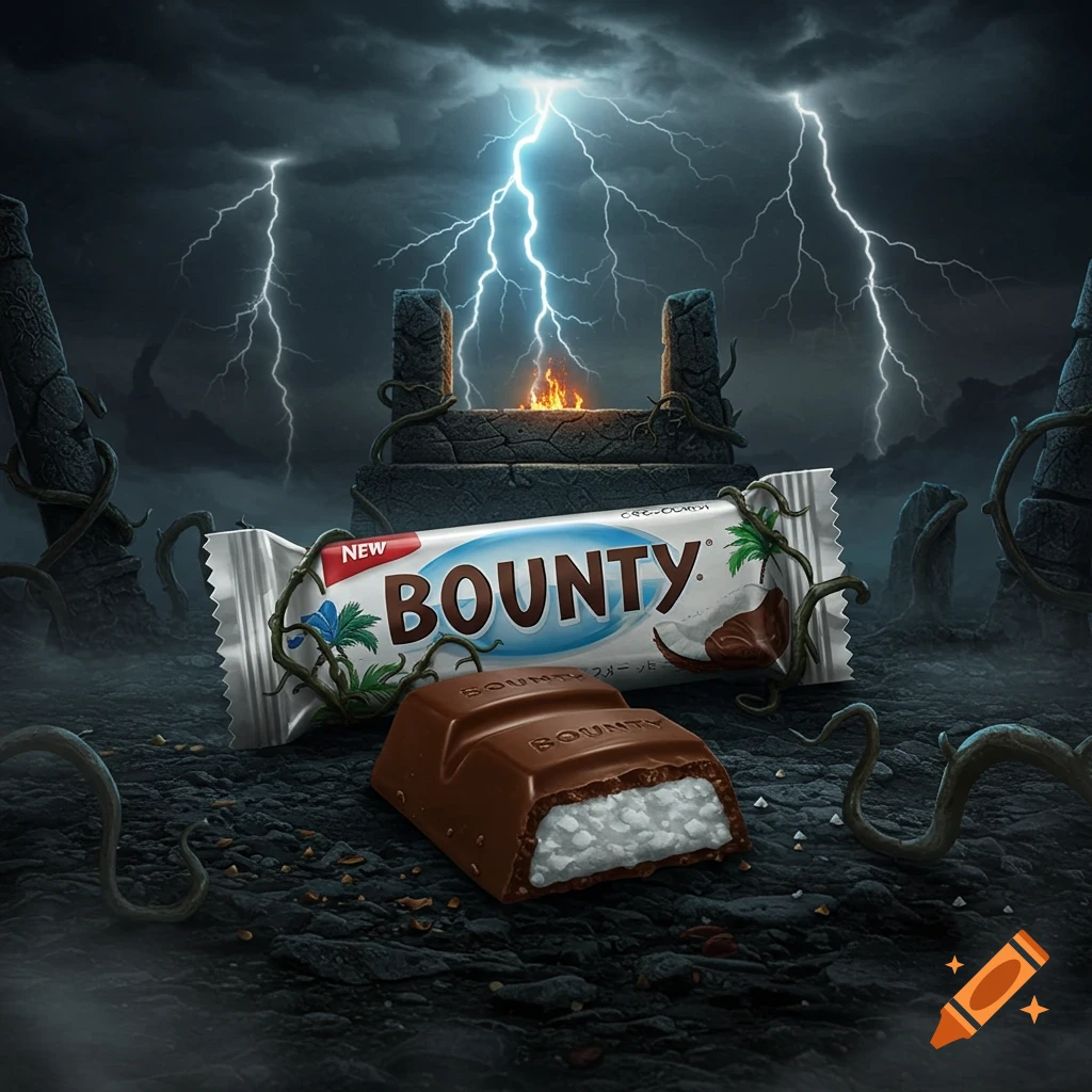 A Bounty chocolate bar and a broken piece rest on rocky ground in a dark, stormy fantasy landscape with lightning and ancient stone structures.