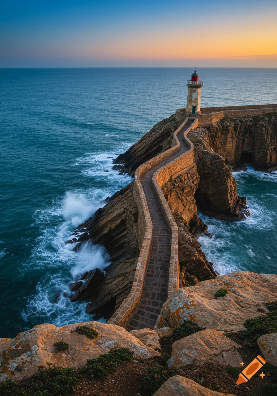 A photorealistic image of a winding stone pier leading to a lighthouse on a rocky cliff by the ocean at sunset.