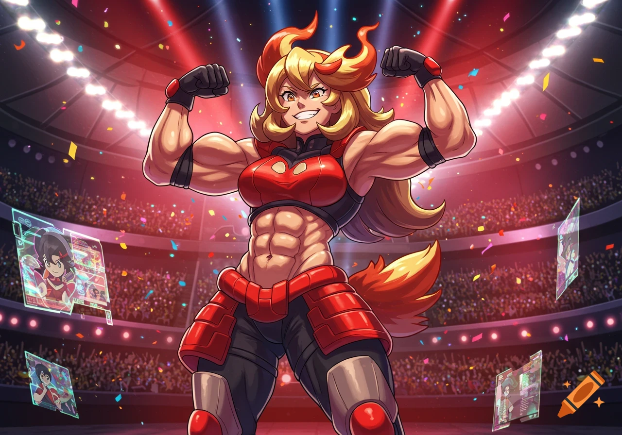 An muscular anime woman with fiery hair and tail flexing in a crowded battle arena with floating holographic cards.