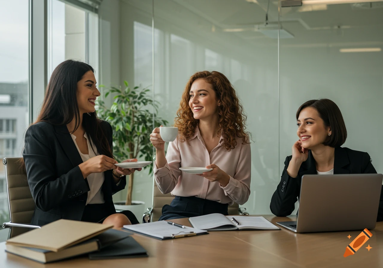 Three professional women smiling and chatting while enjoying coffee at an office table.