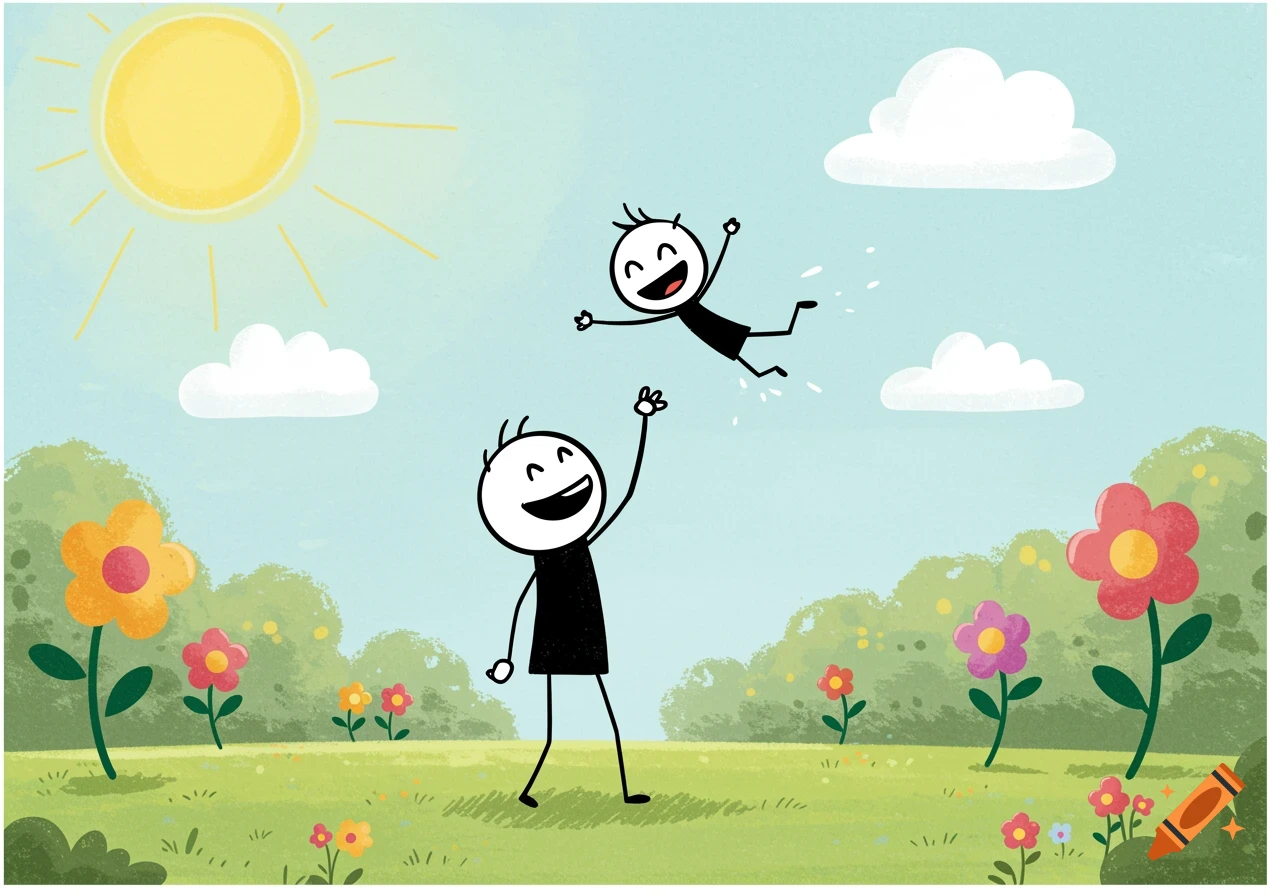 A happy stick figure parent throws a child stick figure into the air in a sunny, flower-filled park. Cartoon illustration.