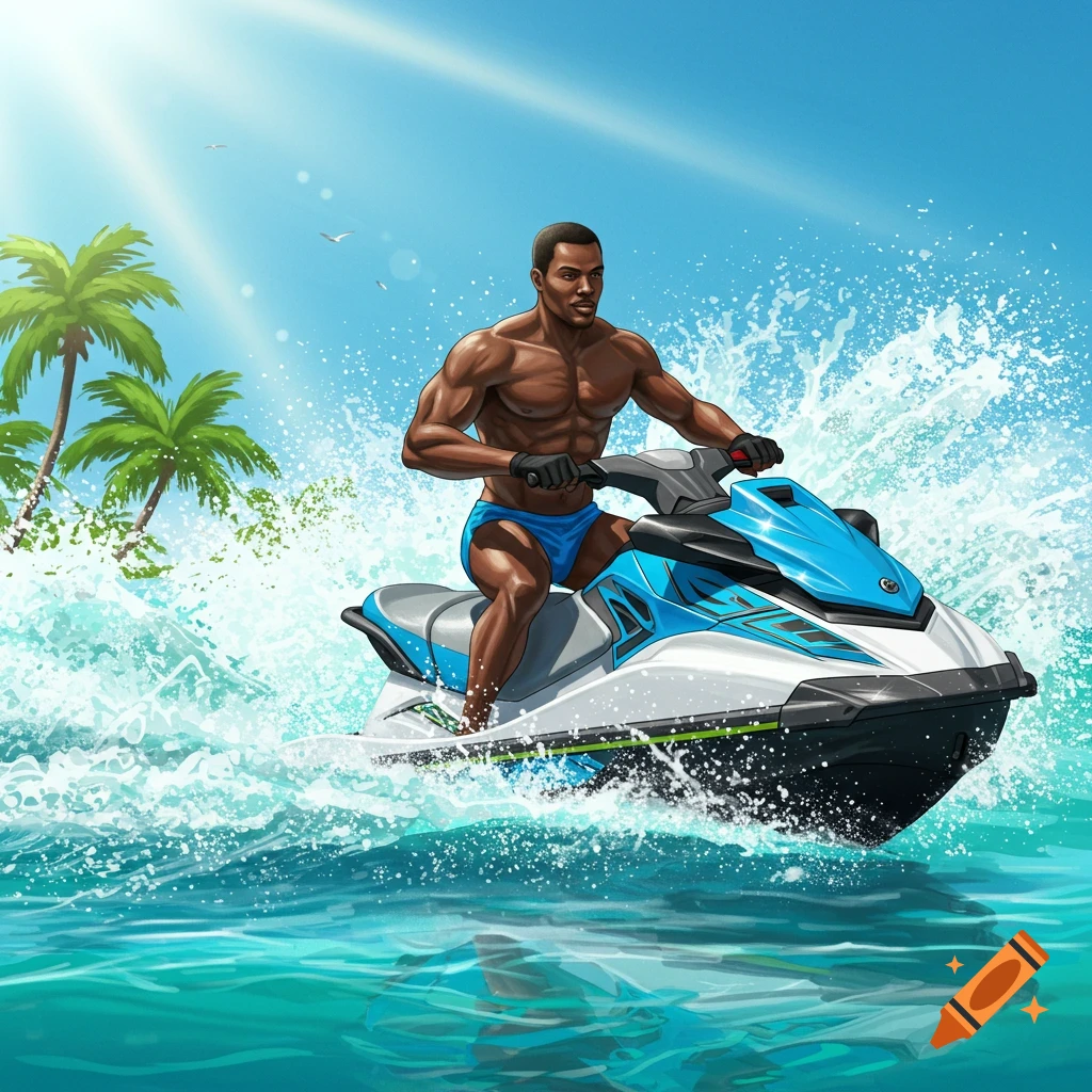 A muscular man in a blue speedo rides a jet ski through splashing tropical water, with palm trees under a bright blue sky, in a vibrant illustration.