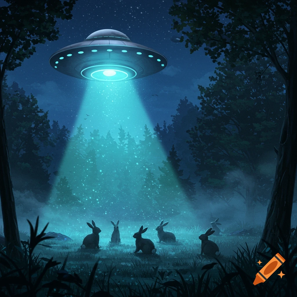 A shiny UFO hovers over a dark forest at night, casting a bright blue beam of light on a group of rabbits on the ground below.
