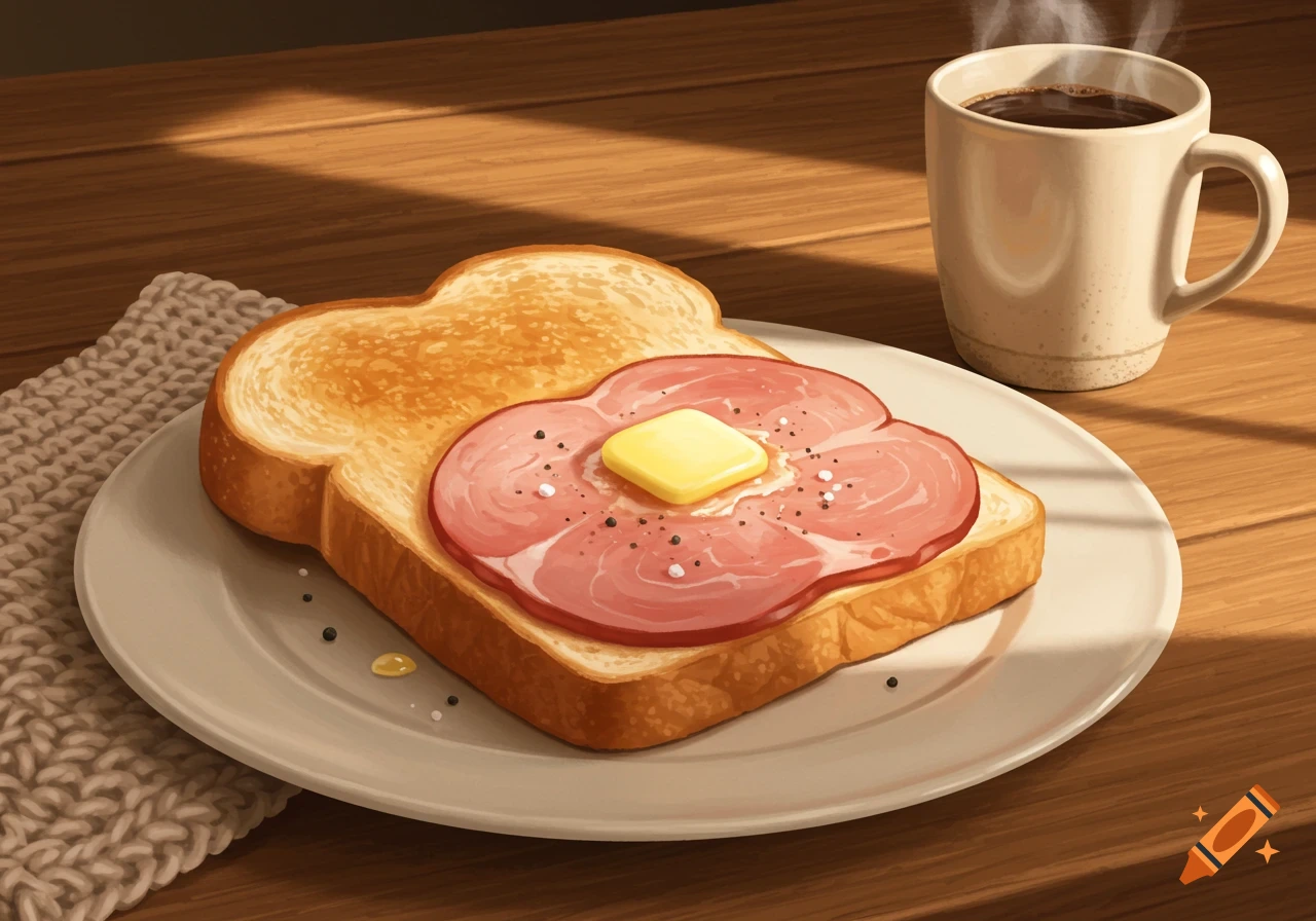 Illustrative close-up of buttered ham on toast and a steaming cup of coffee on a wooden table.