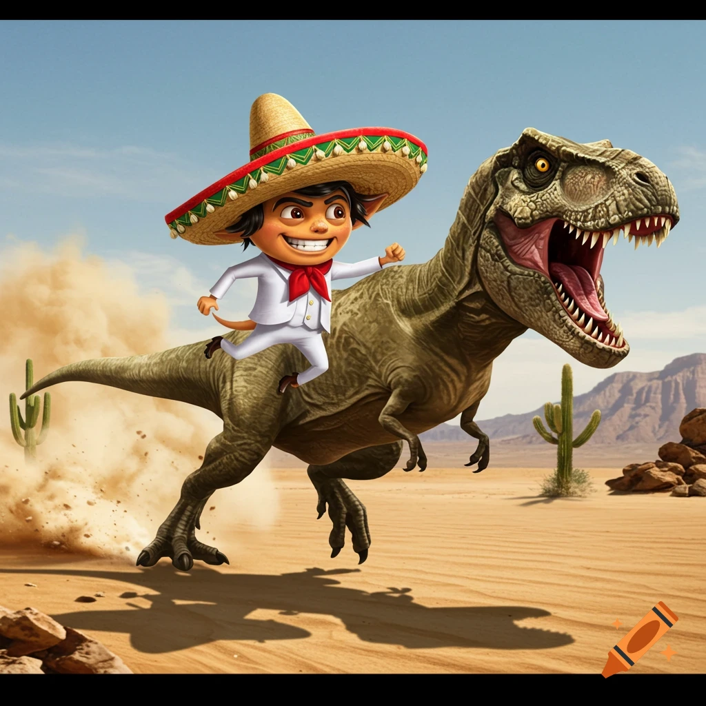 A cartoon character in a sombrero and white suit rides a running T-Rex in a desert landscape.