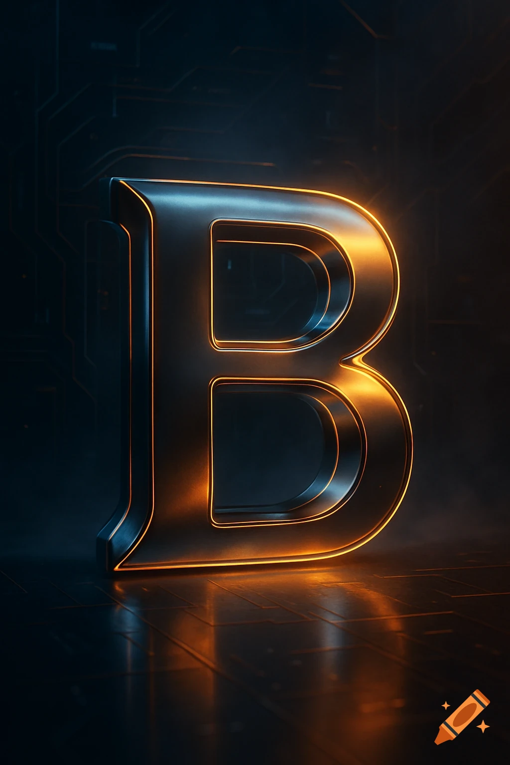 A stylized, metallic letter B with glowing orange edges on a dark, reflective background with subtle circuit board patterns.
