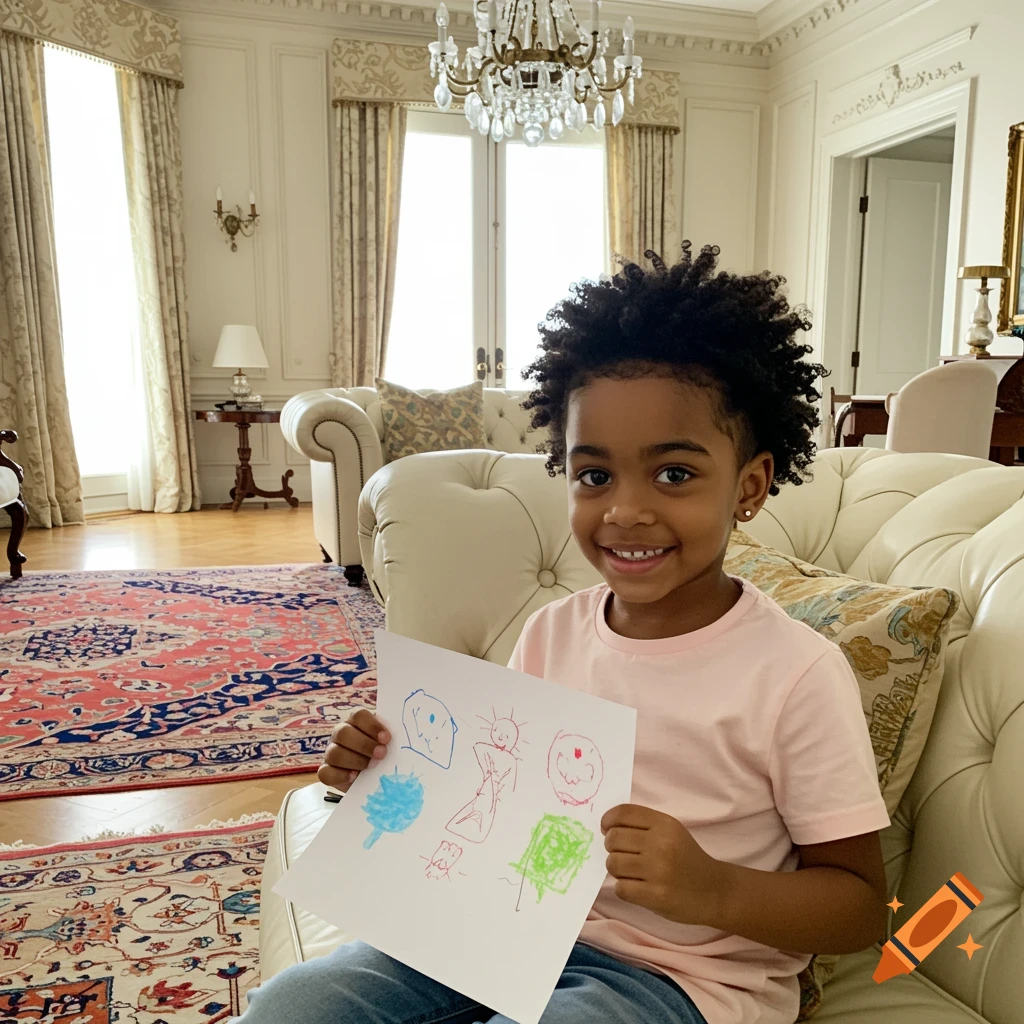 A young boy with an afro haircut and an earring sits on a luxurious couch in a mansion, smiling and holding up a colorful drawing.