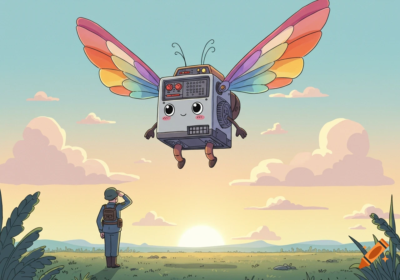 Cartoon soldier salutes a flying robot with rainbow butterfly wings over a field at sunset.